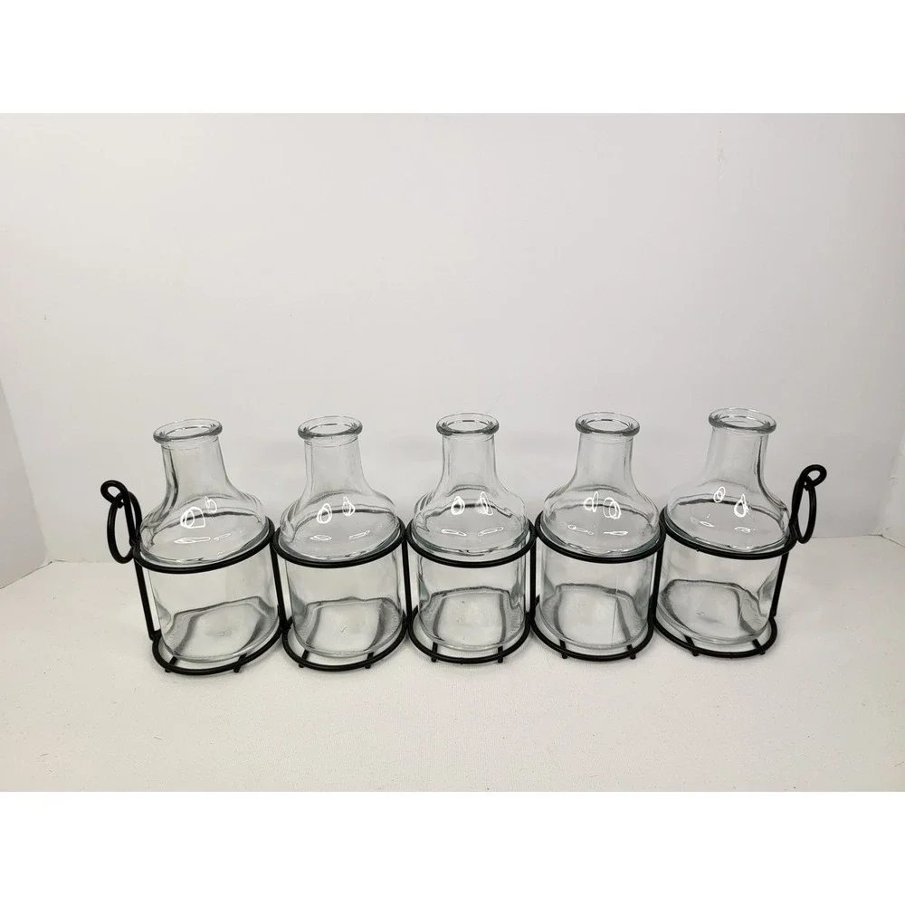5 Piece Glass Bud Vase Set with Black Metal Wire Rack Caddy Farmhouse Decor
